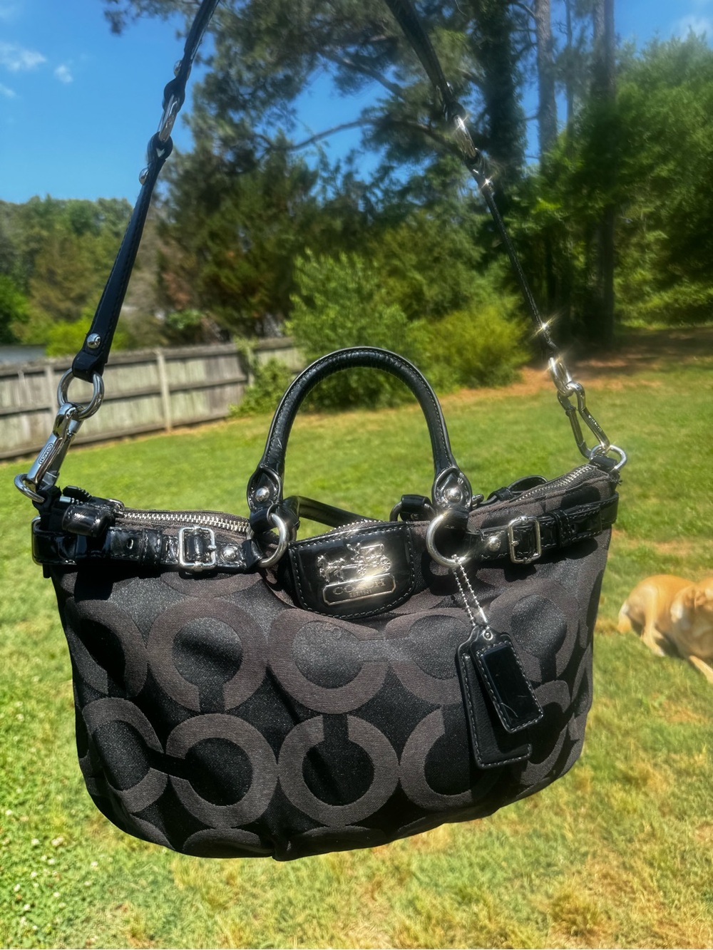 Coach Black Signature Jacquard Shoulder Bag with Leather Trim